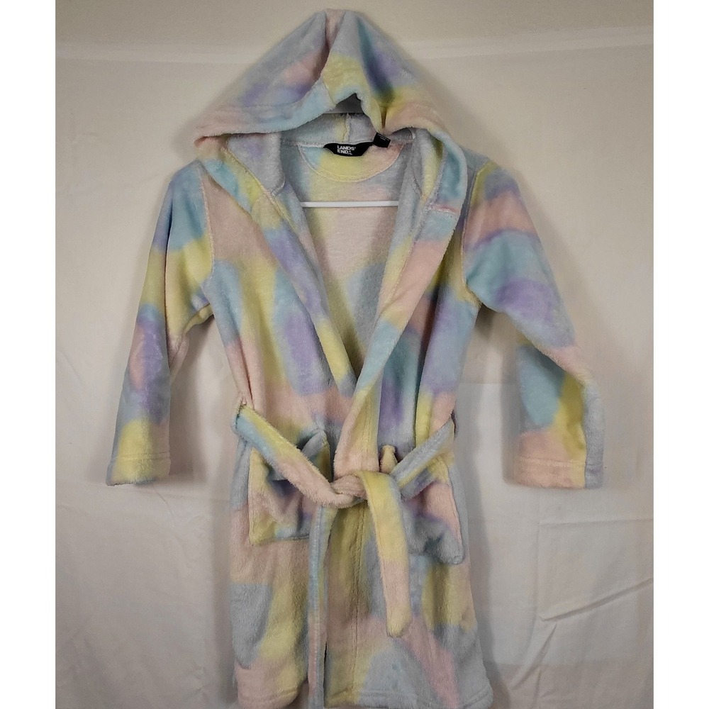 Lands' End Kids Fleece Hooded Size 6/ XS Bathrobe Tie Waist Soft Fuzzy Robe - Picture 2 of 9